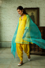 Contrast Yellow Embroidered Women's Dhoti Set