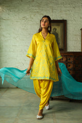 Contrast Yellow Embroidered Women's Dhoti Set