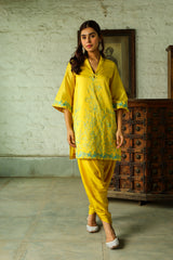 Contrast Yellow Embroidered Women's Dhoti Set