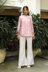 Pink Embroidered Top with White Linen Pants-inching india