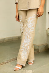 Beige Linen Floral Embroidered Set- Inchingindia