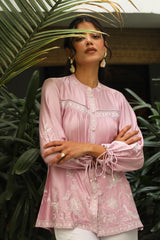 Pink Embroidered Top with White Linen Pants-inching india