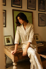 Beige Linen Floral Embroidered Set- Inchingindia