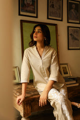Beige Linen Floral Embroidered Set- Inchingindia