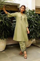 Online Sage Green Embroidered Kurta Set For Women-Inching India