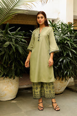 Online Sage Green Embroidered Kurta Set For Women-Inching India