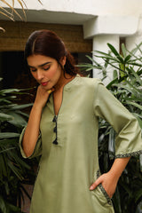 Online Sage Green Embroidered Kurta Set For Women-Inching India