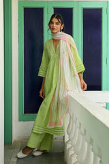 Lime Green Block Printed Suit with Floral Dupatta