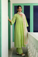 Lime Green Block Printed Suit with Floral Dupatta