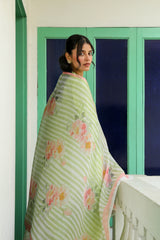 Lime Green Block Printed Suit with Floral Dupatta
