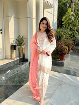 Noor Cream Embroidered Set with Organza Dupatta- Inching India