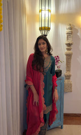 Bottle Green Embroidered Set with Contrast Dupatta