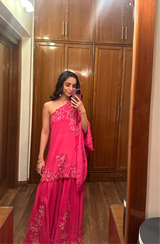 Hot Pink Hand Embroidered One Shoulder Set