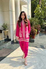 Hot Pink Paisley Embroidered Dhoti Set- Inching India
