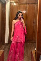 Hot Pink Hand Embroidered One Shoulder Set
