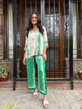 Cream Scarf Top with Green Printed Pant