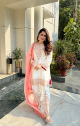 Noor Cream Embroidered Set with Organza Dupatta- Inching India