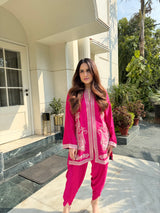 Hot Pink Paisley Embroidered Dhoti Set- Inching India