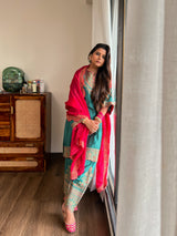 Bottle Green Embroidered Set with Contrast Dupatta