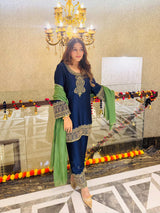 Navy Blue Embroidered Set with Green Organza Dupatta