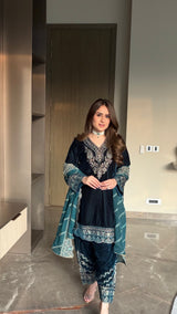 Aafreen Teal Blue Velvet Embroidered Set