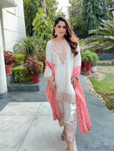 Noor Cream Embroidered Set with Organza Dupatta- Inching India