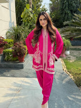 Hot Pink Paisley Embroidered Dhoti Set- Inching India
