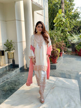 Noor Cream Embroidered Set with Organza Dupatta- Inching India
