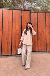 Beige Linen Floral Embroidered Set- Inchingindia