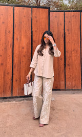 Beige Linen Floral Embroidered Set- Inchingindia