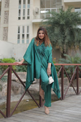 Bottle Green Embroidered Cape Set- Inching India