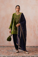 Golden Olive Velvet Embroidered Choga Set