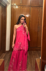 Hot Pink Hand Embroidered One Shoulder Set