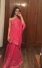 Hot Pink Hand Embroidered One Shoulder Set