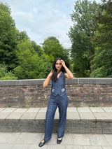 Denim Floral Embroidered Waist Coat Set