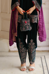 Blue Velvet Embroidered kurta Set with Wine Dupatta