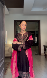 Black Velvet Suit Set with Contrast Pink Dupatta-Inching India