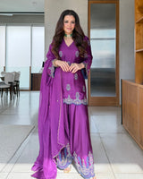 Meher Wine Embroidered Farshi Set with Dupatta