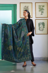 Peacock Blue Green Paisley Woven Shawl for Women
