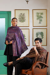 His & Her Kaani Jacquard Shawl Gift Set – Gold Black & Purple Blue Double-Sided Stoles| Wedding Gift for Couples