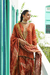 Naaz Rust Printed Tissue Farshi Salwar Set with Embroidery