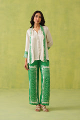 Cream Scarf Top with Green Printed Pant- Inching India
