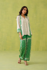 Cream Scarf Top with Green Printed Pant- Inching India