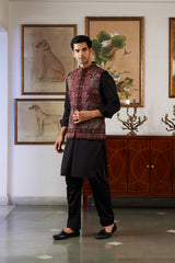 Naaz Deep Maroon Kani Paisley Nehru Jacket with Kurta & Pant