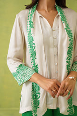 Cream Scarf Top with Green Printed Pant- Inching India