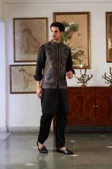 Teal-Gold Paisley Kani Jacket with Kurta & Pant