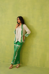 Cream Scarf Top with Green Printed Pant- Inching India