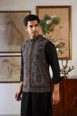Teal-Gold Paisley Kani Jacket with Kurta & Pant