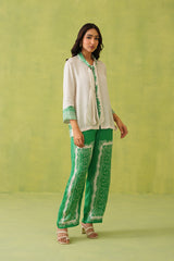 Cream Scarf Top with Green Printed Pant- Inching India