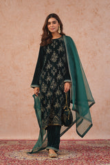 Bottle Green Crush Velvet Embroidered Suit- Inching India